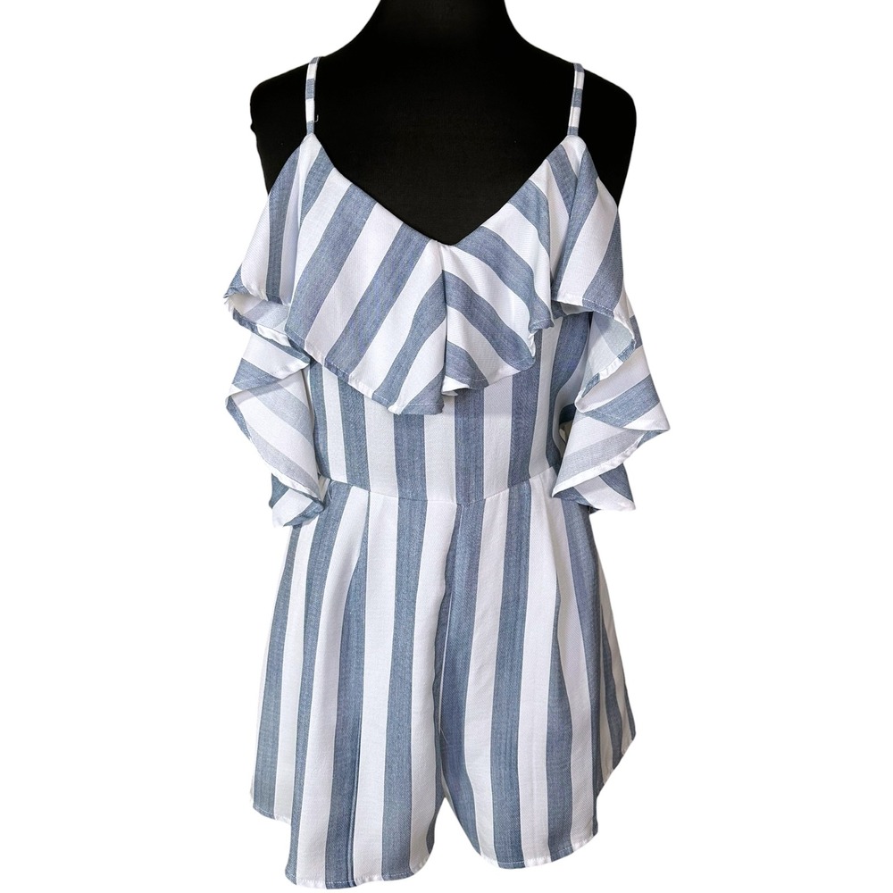 Lulu's Blue and White Striped Ruffle Romper